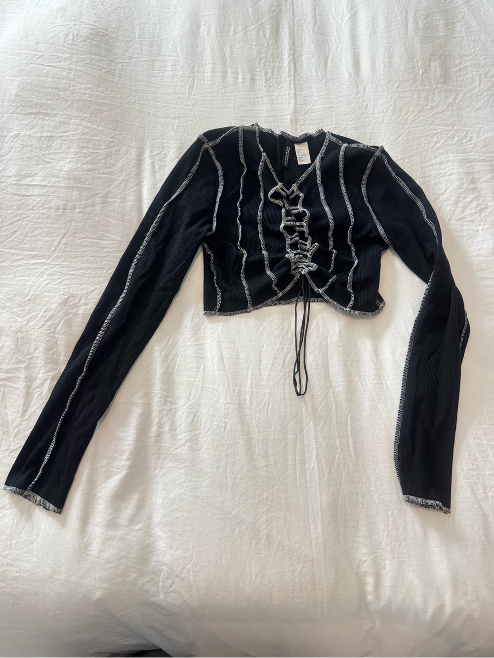 H&M Black Long Sleeve Cropped Lace-Up Top with Contrast Stitching